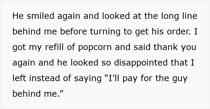 Text about a customer discussing a "pay it forward" chain and feelings of disappointment in a public setting. Text about a customer discussing a "pay it forward" chain and feelings of disappointment in a public setting.