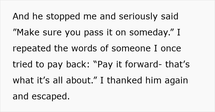 Text excerpt about "pay it forward" philosophy and gratitude exchange. Text excerpt about "pay it forward" philosophy and gratitude exchange.