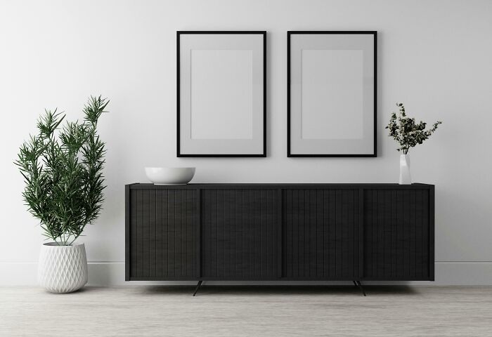 Minimalist interior with multipurpose sideboard, two framed pictures, plant, and vase for a sleek design.