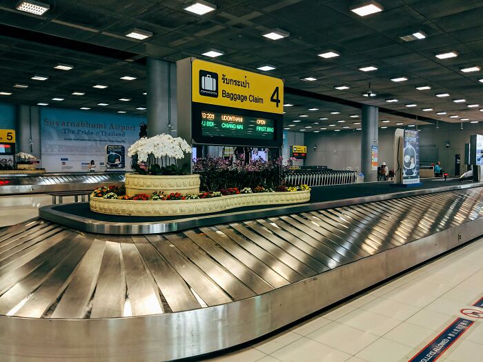 Baggage claim area at an airport, featuring a luggage carousel with floral decoration, illustrating social rules people ignore.