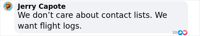 Jerry Capote comments on secret documents, emphasizing flight logs over contact lists. Jerry Capote comments on secret documents, emphasizing flight logs over contact lists.