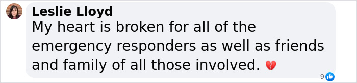 Text comment expressing sympathy for emergency responders, friends, and family of those involved. Text comment expressing sympathy for emergency responders, friends, and family of those involved.