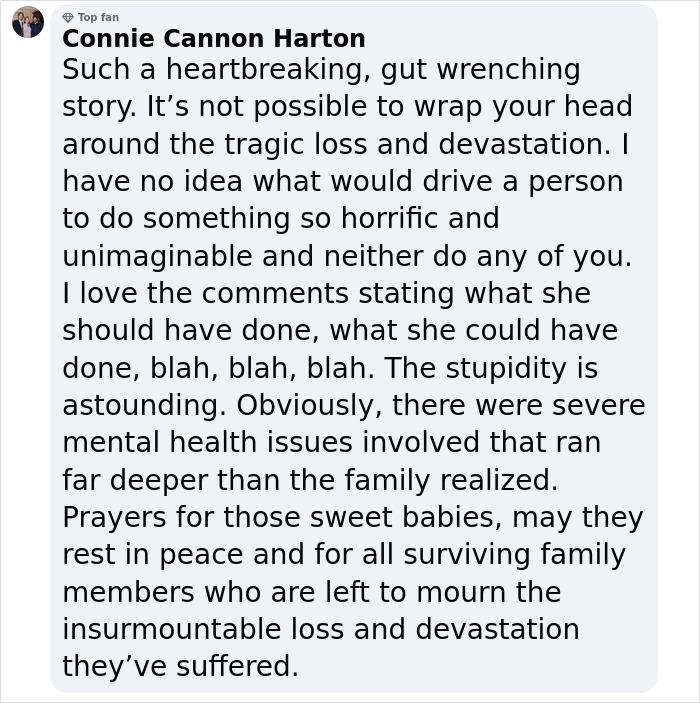 Emotional comment addressing tragic loss involving an "incredible mother" and her daughters, highlighting mental health issues. Emotional comment addressing tragic loss involving an "incredible mother" and her daughters, highlighting mental health issues.