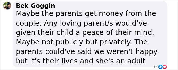 Comment discussing Bianca Censori's Grammys dress, questioning parental influence. Comment discussing Bianca Censori's Grammys dress, questioning parental influence.