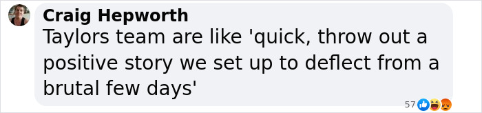 Comment about Taylor Swift's team trying to deflect negative attention with a positive story. Comment about Taylor Swift's team trying to deflect negative attention with a positive story.