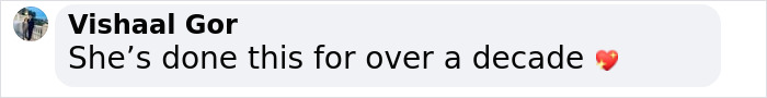 Text message with comment: "She's done this for over a decade 💖" from Vishaal Gor. Text message with comment: "She's done this for over a decade 💖" from Vishaal Gor.