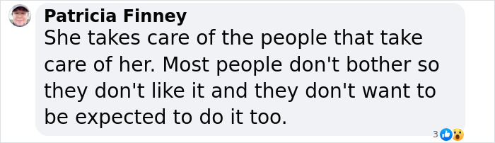 Comment by Patricia Finney about taking care of people, with reactions showing appreciation and surprise. Comment by Patricia Finney about taking care of people, with reactions showing appreciation and surprise.