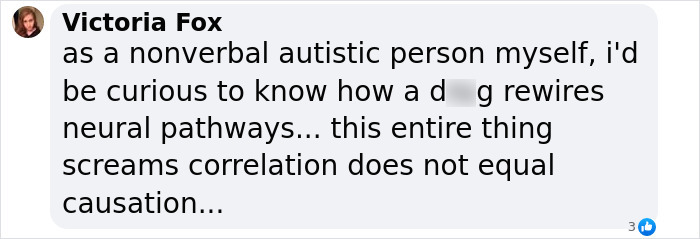 Comment questioning autism treatment effectiveness in a social media post. Comment questioning autism treatment effectiveness in a social media post.