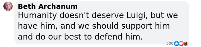 Comment supporting Luigi Mangione, saying humanity should defend him. Comment supporting Luigi Mangione, saying humanity should defend him.