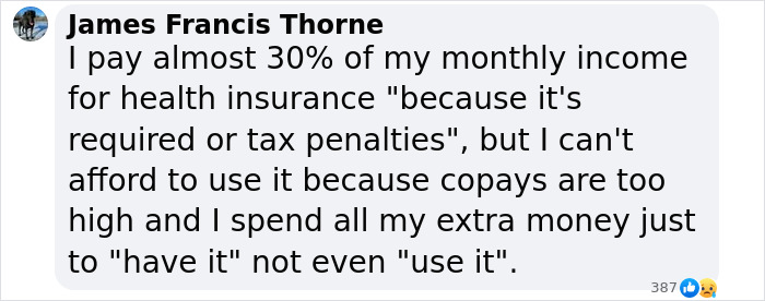 Social media comment discussing high cost of health insurance and co-pays, impacting usage and financial stability. Social media comment discussing high cost of health insurance and co-pays, impacting usage and financial stability.