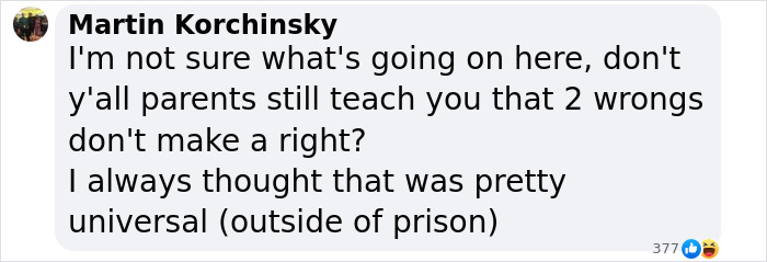 Comment questioning revenge ethics related to Luigi Mangione's statement, noting "two wrongs don't make a right. Comment questioning revenge ethics related to Luigi Mangione's statement, noting "two wrongs don't make a right.
