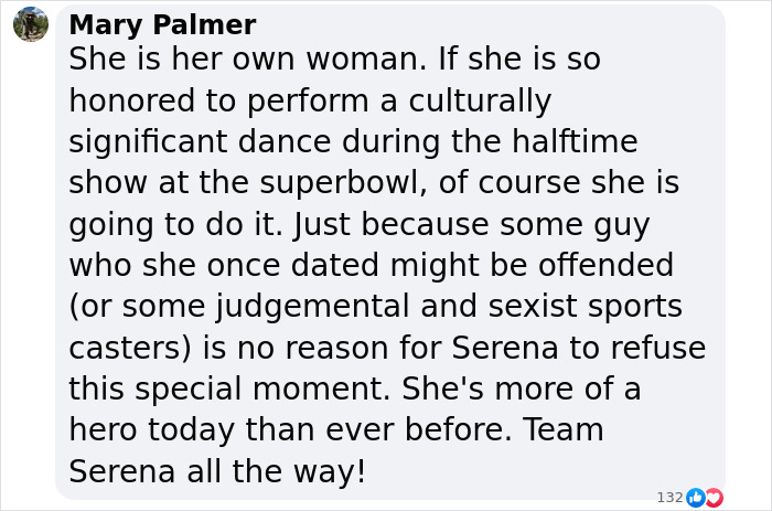 Text screenshot commenting on Serena Williams performing a dance at the Super Bowl, defending her actions. Text screenshot commenting on Serena Williams performing a dance at the Super Bowl, defending her actions.