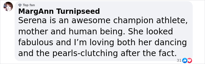 Comment praising Serena Williams as an athlete and mother, mentioning her dancing and reactions. Comment praising Serena Williams as an athlete and mother, mentioning her dancing and reactions.