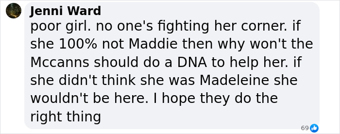 Comment discussing Polish woman claiming to be Madeleine McCann and DNA test suggestion. Comment discussing Polish woman claiming to be Madeleine McCann and DNA test suggestion.