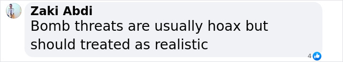 Comment stating bomb threats should be treated realistically, related to an American Airlines incident. Comment stating bomb threats should be treated realistically, related to an American Airlines incident.