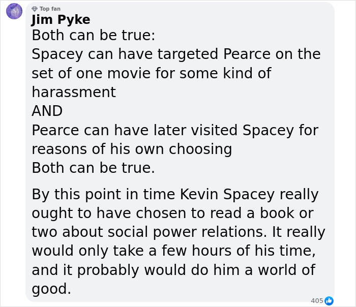 "Comment discussing Kevin Spacey and claims regarding Guy Pearce, touching on harassment and social power dynamics. "Comment discussing Kevin Spacey and claims regarding Guy Pearce, touching on harassment and social power dynamics.