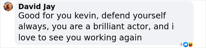 "Social media comment supporting Kevin Spacey, encouraging defense and career continuation. "Social media comment supporting Kevin Spacey, encouraging defense and career continuation.