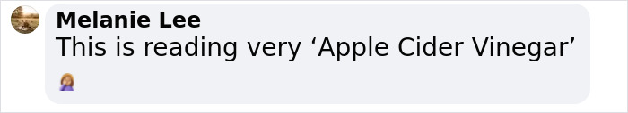 Text message from Melanie Lee about it reading like "Apple Cider Vinegar" with facepalm emoji. Text message from Melanie Lee about it reading like "Apple Cider Vinegar" with facepalm emoji.