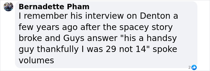Social media comment mentioning Spacey and Pearce interview on Denton show. Social media comment mentioning Spacey and Pearce interview on Denton show.