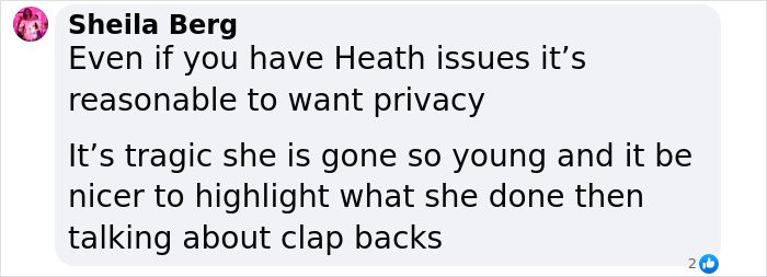 Comment discussing health privacy and tragic passing amid reactions to clap backs. Comment discussing health privacy and tragic passing amid reactions to clap backs.
