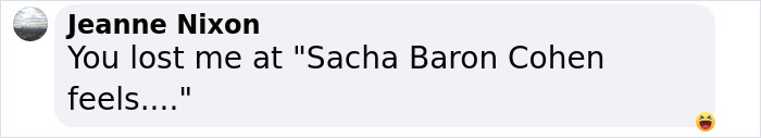 Text comment about Sacha Baron Cohen, quoting "feels," with reaction emoji. Text comment about Sacha Baron Cohen, quoting "feels," with reaction emoji.