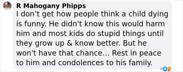 Comment offering condolences related to a 14YO involved in an online challenge incident. Comment offering condolences related to a 14YO involved in an online challenge incident.
