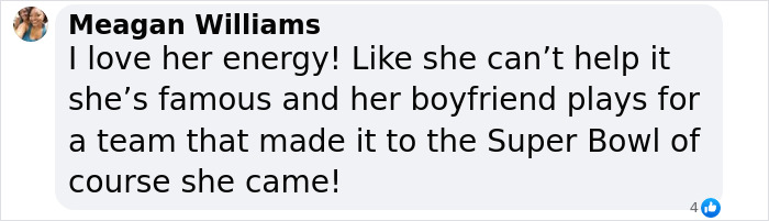 Text message praising Taylor Swift's energy after attending the Super Bowl. Text message praising Taylor Swift's energy after attending the Super Bowl.
