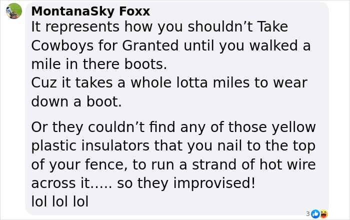Text image discussing why cowboy boots on fences symbolize wearing them out or as an improvised insulator solution. Text image discussing why cowboy boots on fences symbolize wearing them out or as an improvised insulator solution.