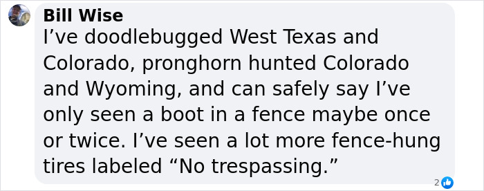 Comment discussing cowboy boots on fences, mentioning West Texas and Colorado hunting experiences. Comment discussing cowboy boots on fences, mentioning West Texas and Colorado hunting experiences.