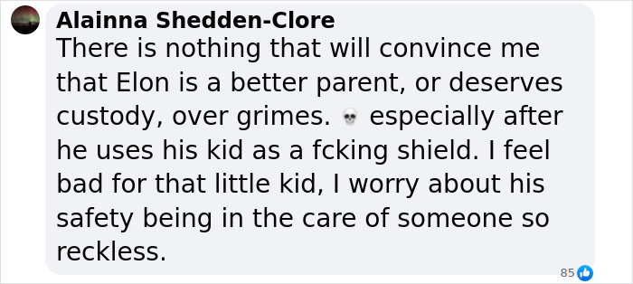 Comment criticizing Elon and discussing Grimes' parenting involving their child. Comment criticizing Elon and discussing Grimes' parenting involving their child.