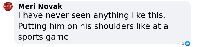 Comment from Meri Novak discussing someone putting a child on shoulders like at a sports game. Comment from Meri Novak discussing someone putting a child on shoulders like at a sports game.