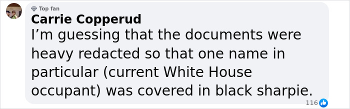 Comment discussing redacted White House documents related to Jeffrey Epstein. Comment discussing redacted White House documents related to Jeffrey Epstein.