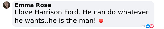 Harrison Ford praised in a viral comment, expressing admiration with a heart emoji. Harrison Ford praised in a viral comment, expressing admiration with a heart emoji.