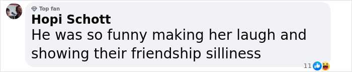 Facebook comment from Hopi Schott about someone being funny and showing friendship silliness. Facebook comment from Hopi Schott about someone being funny and showing friendship silliness.