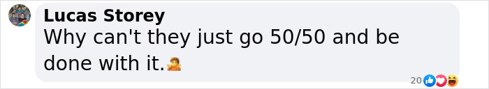 Comment questioning divorce settlement fairness with a shrug emoji. Comment questioning divorce settlement fairness with a shrug emoji.