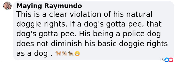 Comment expressing outrage over police dog punishment, emphasizing cruelty and dog rights. Comment expressing outrage over police dog punishment, emphasizing cruelty and dog rights.