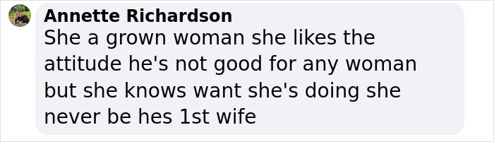 Comment by Annette Richardson discussing a grown woman's choices and relationship status. Comment by Annette Richardson discussing a grown woman's choices and relationship status.