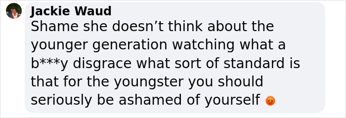 Text comment criticizing behavior, addressing the impact on the younger generation with a displeased emoji. Text comment criticizing behavior, addressing the impact on the younger generation with a displeased emoji.