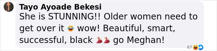 Comment praising Meghan Markle, describing her as stunning and successful, with emojis of dresses and laughing face. Comment praising Meghan Markle, describing her as stunning and successful, with emojis of dresses and laughing face.