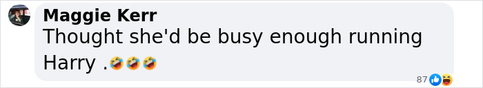 Comment referencing Meghan Markle with laughing emojis. Comment referencing Meghan Markle with laughing emojis.