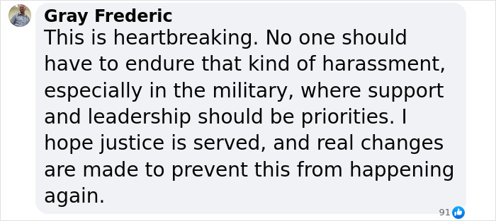 Text expressing concern over harassment in the military and calling for justice and change. Text expressing concern over harassment in the military and calling for justice and change.