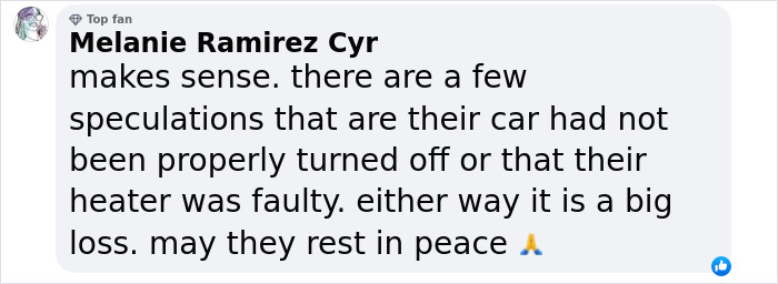 Comment discussing speculation about carbon monoxide poisoning, expressing condolences with a praying emoji. Comment discussing speculation about carbon monoxide poisoning, expressing condolences with a praying emoji.