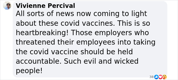 Comment by Vivienne Percival criticizing Covid vaccines and employer mandates, labeling them as "evil and wicked". Comment by Vivienne Percival criticizing Covid vaccines and employer mandates, labeling them as "evil and wicked".