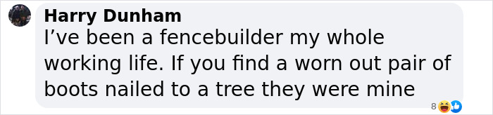 Text message discussing cowboy boots nailed to a tree by a fence builder named Harry Dunham. Text message discussing cowboy boots nailed to a tree by a fence builder named Harry Dunham.