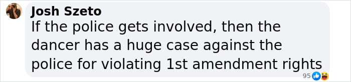 Comment discussing Super Bowl dancer's flag stunt and potential police involvement regarding 1st amendment rights. Comment discussing Super Bowl dancer's flag stunt and potential police involvement regarding 1st amendment rights.