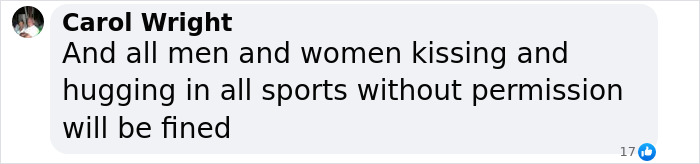 Social media comment discussing consequences for non-consensual kissing in sports. Social media comment discussing consequences for non-consensual kissing in sports.