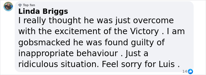 Comment on Luis Rubiales' fine for non-consensual kiss, expressing surprise and sympathy for Rubiales. Comment on Luis Rubiales' fine for non-consensual kiss, expressing surprise and sympathy for Rubiales.