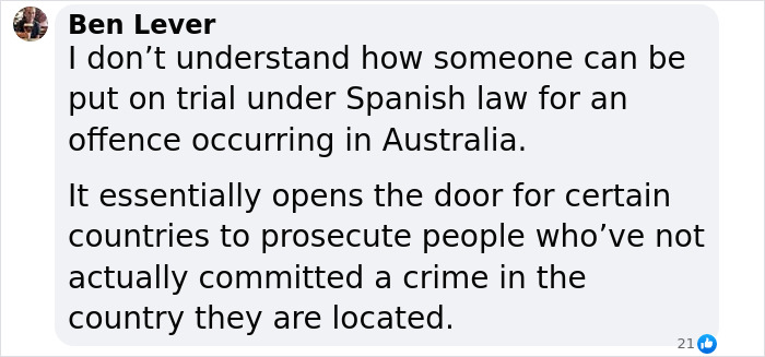 Text discussing Spanish law's reach in international legal cases. Text discussing Spanish law's reach in international legal cases.