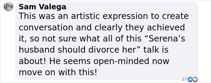 Sam Valega comments on Serena Williams, discussing artistic expression and controversy in a social media post. Sam Valega comments on Serena Williams, discussing artistic expression and controversy in a social media post.
