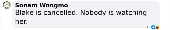 Blake Lively drama: Comment by Sonam Wongmo stating Blake is cancelled, with laughing emoji reaction. Blake Lively drama: Comment by Sonam Wongmo stating Blake is cancelled, with laughing emoji reaction.
